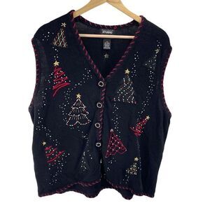 Vintage Studio Fa La La Women's Christmas Tree Beaded Sweater Vest Black Size 2x
